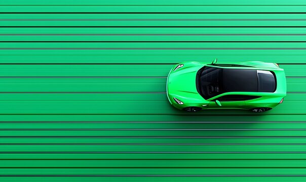 Green sports car driving on parallel lines abstract background top view.
