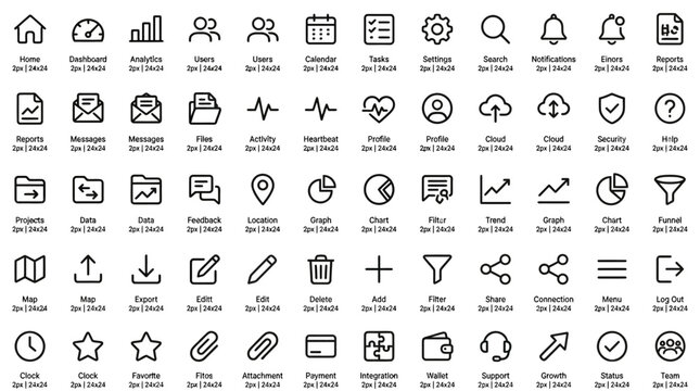 Highly Comprehensive Modern Dashboard UI Icon Set, Outline Style and Pixel Perfect on Isolated White Background.