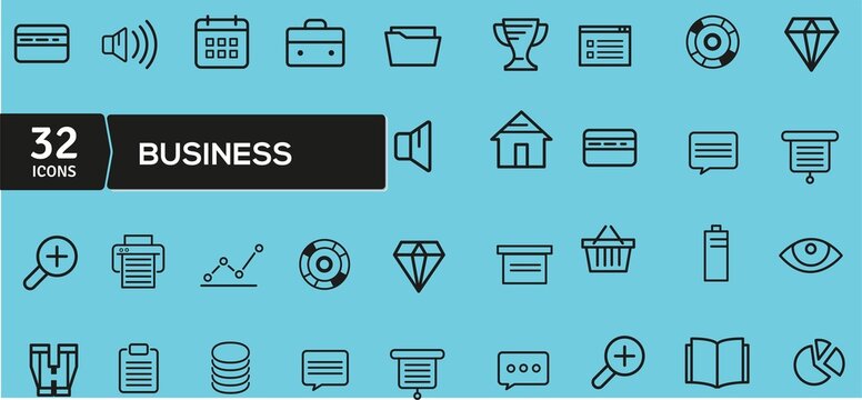 Business icons on blue background with black text box