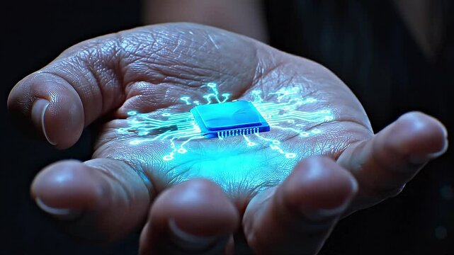 Glowing microchip hovering in human hand, futuristic technology concept, digital processor with light circuits, AI power and innovation, static camera video with rotating chip and neon glow effect.
