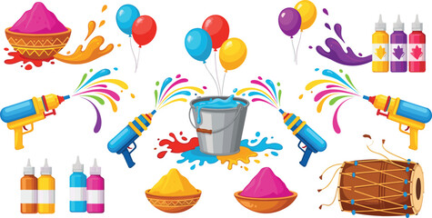 Holi festival elements collection colorful powder water guns balloons drum paint splashes traditional celebration vector illustration set © Sumon Creative