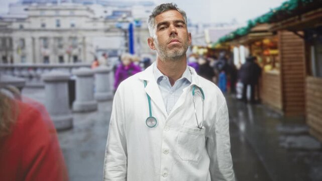 Doctor man points finger toward camera, stethoscope and white lab coat visible amid city street market stalls and stone bollards, passerby blurred; warning.