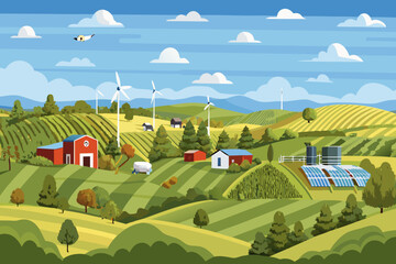 Rolling hills farms and wind turbines under a bright blue sky © Amrito