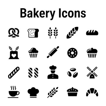 Vector showing a collection of bakery icons representing various baked goods and baking elements.