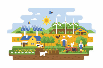 Naklejka premium A vibrant illustration of a sustainable farm with renewable energy sources