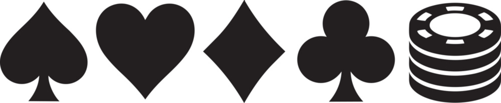 Black and white cartoon vector illustration of an abstract background featuring gambling casino card suit symbols like the ace of spades hearts diamonds and clubs for a playing game icon