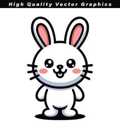 Obraz premium An adorable white cartoon rabbit with pink ears and rosy cheeks smiles happily on a plain background.