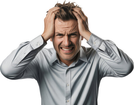 A frustrated man holding his head in distress with a worried expression isolated on transparent background