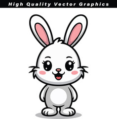 Obraz premium An adorable white bunny character with expressive large eyes and pink ear interiors poses happily.