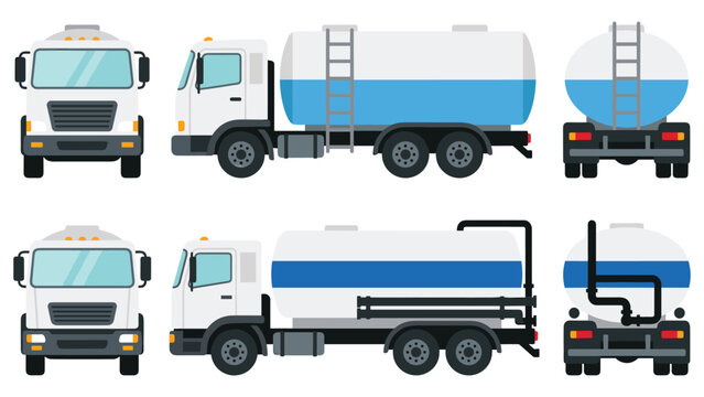 Water transport tanker truck front side and rear views.