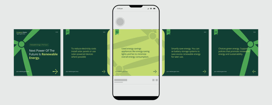 Set of Linkedin Carousel Post, editable social media Instagram carousel post, green and renewable energy carousel post template, eps 10.