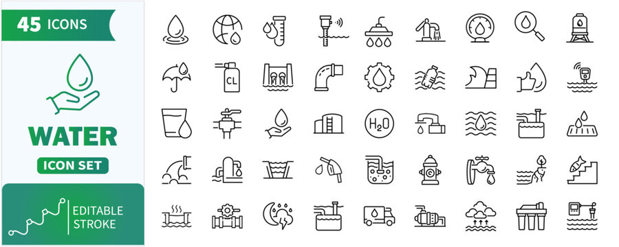Water line icons set .Collection of shower, faucet, Hygiene, nutrition, H2o, water treatment, water drop and more.Editable stroke. Vector illustration
