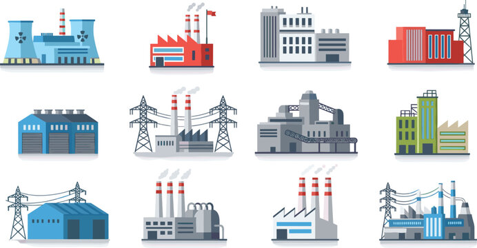 Factory and power plant icons set, industrial buildings collection with smokestacks, energy production facilities, manufacturing industry flat vector illustration