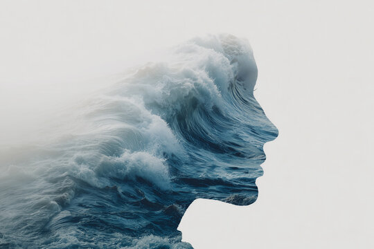 A woman's head is made of waves, a double exposure photograph, ocean wave art, surrealistic portraits, in light gray and blue tones