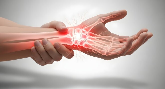 Wrist fracture and carpal bone inflammation. Orthopedic surgery and injury recovery. Hands holding wrist with glowing red bone anatomy and nerve indicators
