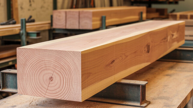 Large Rectangular Wooden Beam with Visible Growth Rings in Workshop Setting Keywords: wood, beam, lumber, timber, woodworking, carpentry, material, construction