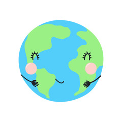 Obraz premium Planet Earth with cute face illustration isolated. Cartoon character. Earth hour, day, environmental protection awareness, nature preservation. Hand drawn flat vector, space design element, clip art