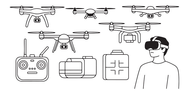 Linear drone equipment set featuring various quadcopter models controller vr goggles and storage cases design
