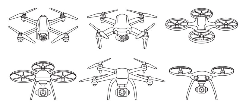 Drone line art icons set featuring detailed technical sketches of quadcopters for coloring book and manuals