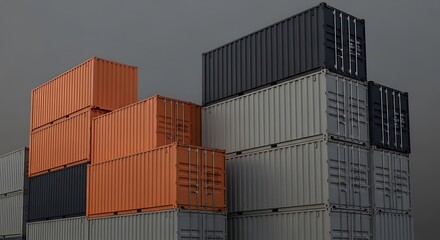 Fototapeta premium Stacked shipping containers in industrial port at dusk with moody lighting