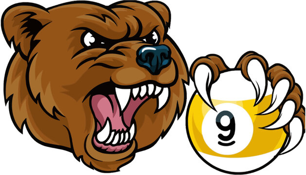 A brown bear holding a yellow and white pool ball number 9
