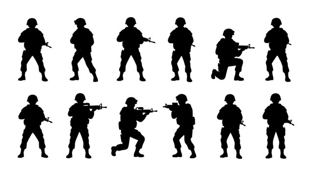 Military soldier silhouettes set, 12 tactical infantry army personnel with rifles, armed special forces squad in combat poses, black vector icons