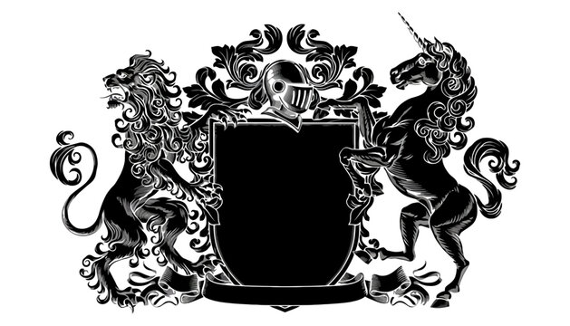 A black and white illustration of a coat of arms with lion and unicorn