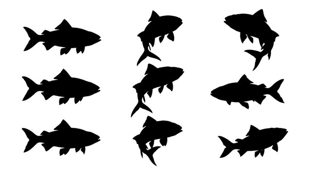 Black fish silhouettes set, 9 salmon and trout vector elements, isolated aquatic animal shapes for fishing logos and nature designs