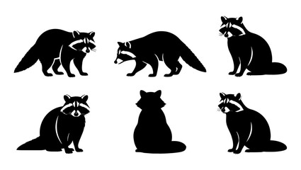 Black raccoon silhouette collection, set of 6 wild animal vector icons, north american forest wildlife graphics for logos and design © Designhoost Ltd