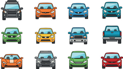 Obraz premium Car Front View Illustration Set with Various Vehicles Sedan SUV Pickup and Hatchback Colorful Automobile Collection for Transport Design and Automotive Vector Graphics.