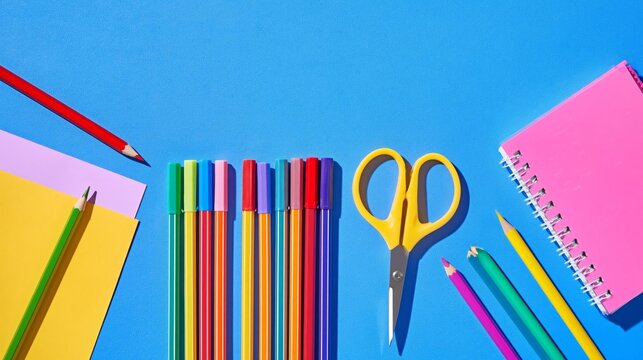 Colorful School Supplies Arranged on a Bright Blue Background for Creative Projects and Learning Activities