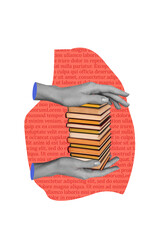 Obraz premium Vertical photo collage of hands hold book stack library education enlightenment encyclopedia reader hobby isolated on painted background