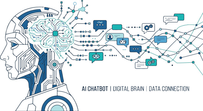 Chatbot Concept with Digital Brain and Complex Data Connection line icon sheet