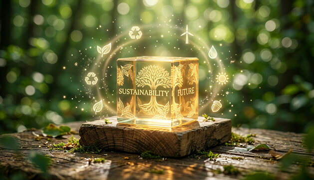Glowing wooden cube with eco symbols rests on moss in a lush forest, surrounded by soft golden particles that evoke sustainability, renewable energy, and harmony with nature.