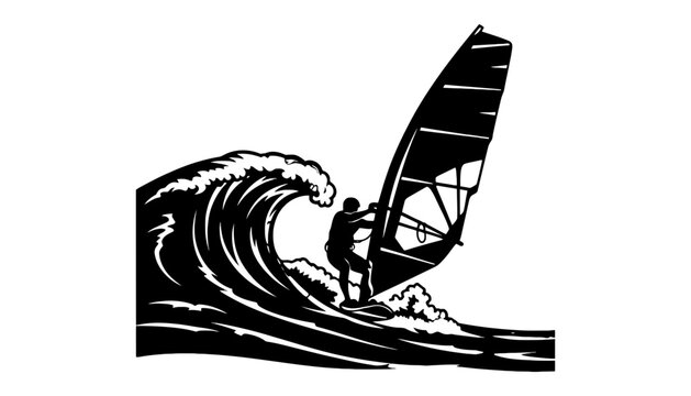Wind surf silhouette riding ocean wave with sailboard vector illustration