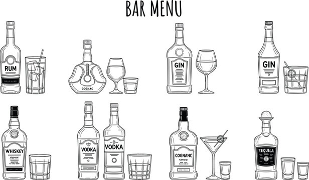 Hand drawn vintage bar menu vector icons set featuring bottles of whiskey vodka gin rum tequila and cognac with glasses