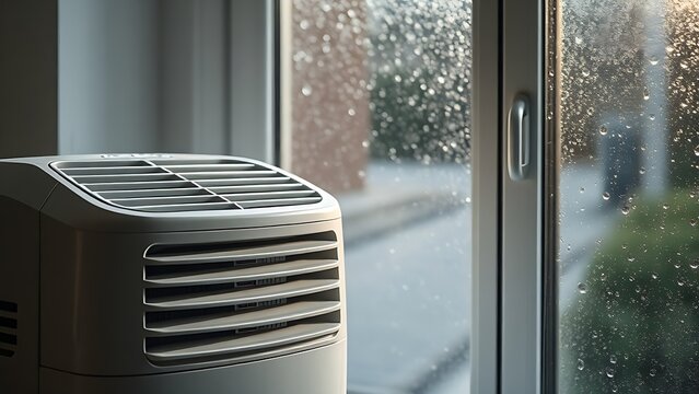 dehumidifier. A dehumidifier working near a window covered in condensation beads, contrast of dry and moist. safety posters.
