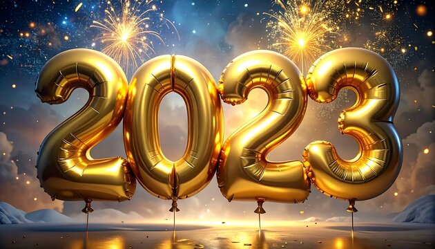 Golden balloon numerals spell "2023", with fireworks erupting in a cloudy night sky. Snow capped mountains in the background. Reflective surface