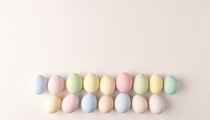 Obraz premium Delicate pastel Easter eggs arranged beautifully on a soft background, symbolizing spring
