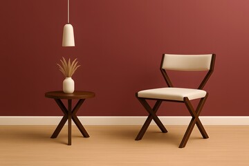 Fototapeta premium Minimalist living room interior featuring elegant brown side table wooden chair and stylish hanging lamp.