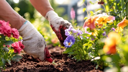 Fototapeta premium Hands Work in a Garden With Colorful Flowers and Fresh Soil on a Sunny Day