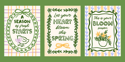 Naklejka premium Coquette spring vector cards set. Vintage retro cottagecore print designs with flowers, chick illustration in whimsical frames