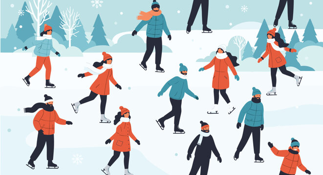 Seamless pattern of people ice skating in a winter landscape with trees and snowflakes for seasonal background art.