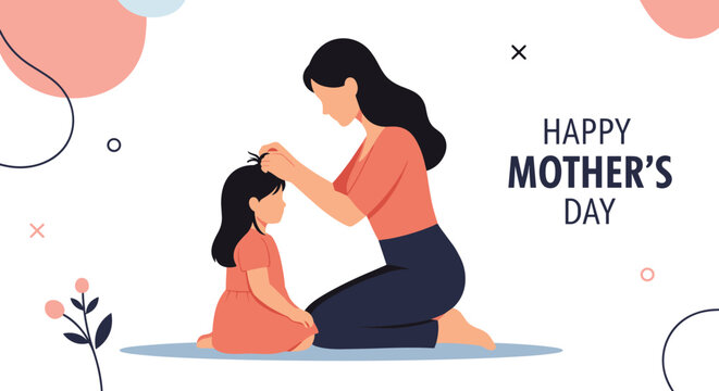 Touching illustration of a mother braiding her daughter hair for Mothers Day celebration on a decorated background.