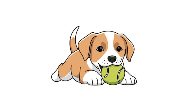 Cute beagle puppy lying down on its belly and biting a green tennis ball with a playful expression on its face against a white background.