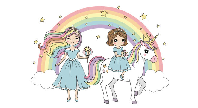 Two young princesses with one riding a white unicorn under a colorful rainbow with stars and clouds for a magical fairytale illustration.