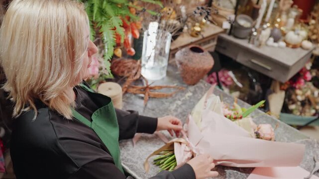 Florist wrapping pastel bouquet at counter, hands folding tissue and securing twine, ribbon and label ready, shelves of vases and plants in background, bright task lighting, efficient professional
