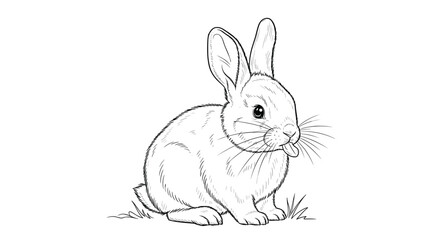Obraz premium Realistic hand drawn pencil style sketch of a rabbit sitting on a small patch of grass with its tongue sticking out playfully.