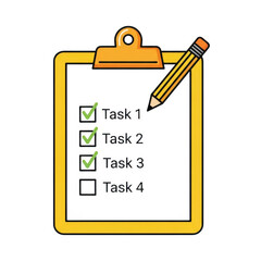 Fototapeta premium A yellow clipboard with a pencil showing a checklist featuring several completed tasks in a row