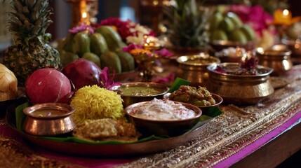 Fototapeta premium Traditional Indian Festival Celebration with Colorful Festive Food Arrangements and Decorative Elements